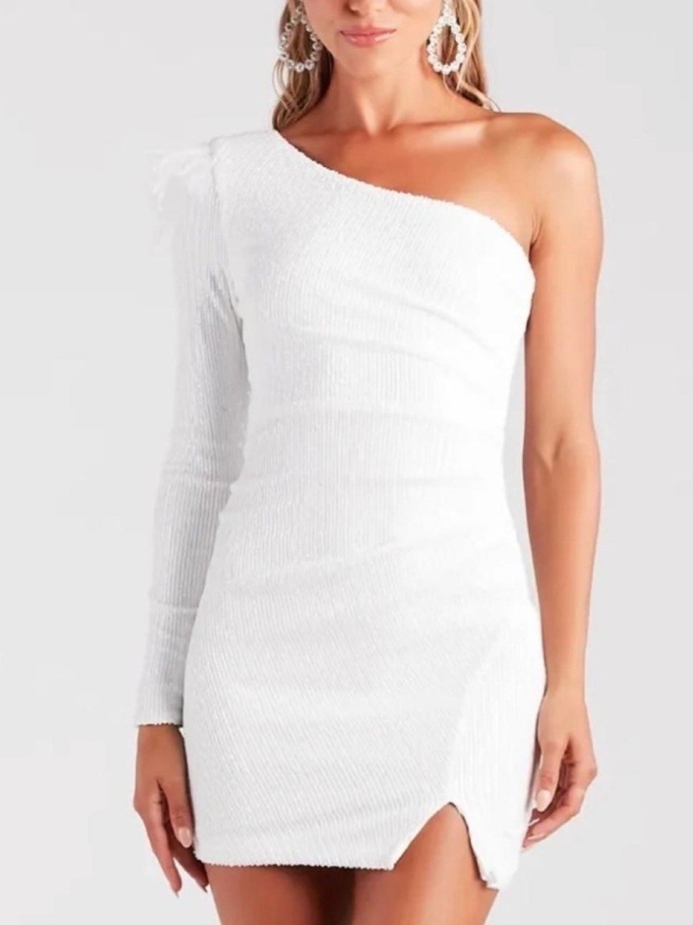 New Windsor White Sequin One Shoulder Feather Detail Mini Dress Size Small
